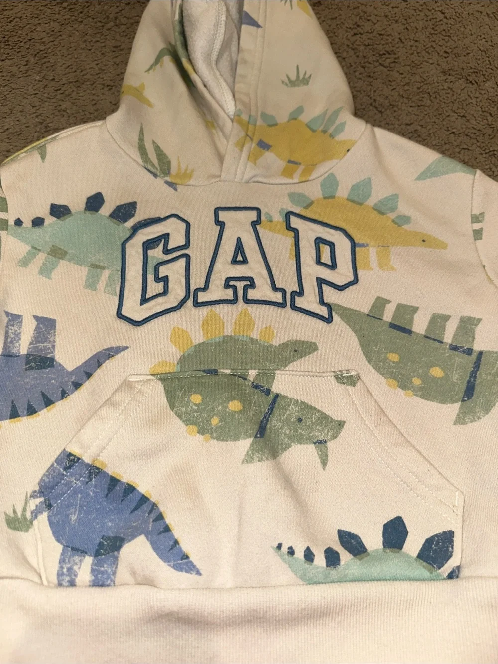 GAP Kids Cream Hoodie with Blue, Green & Yellow Dinosaur Print